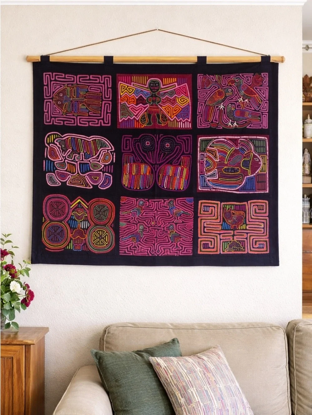 Black & Pink Embroidered Textile Wall Tapestry